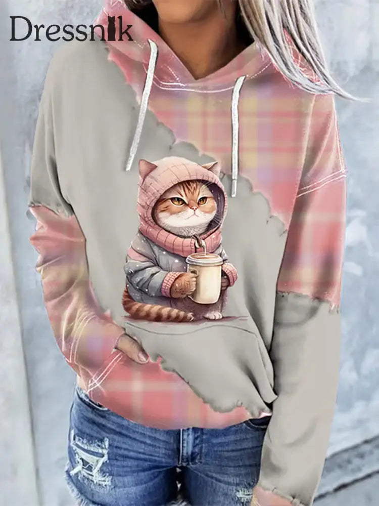 Damen Katze Bedruckt Hoodie Grau / S