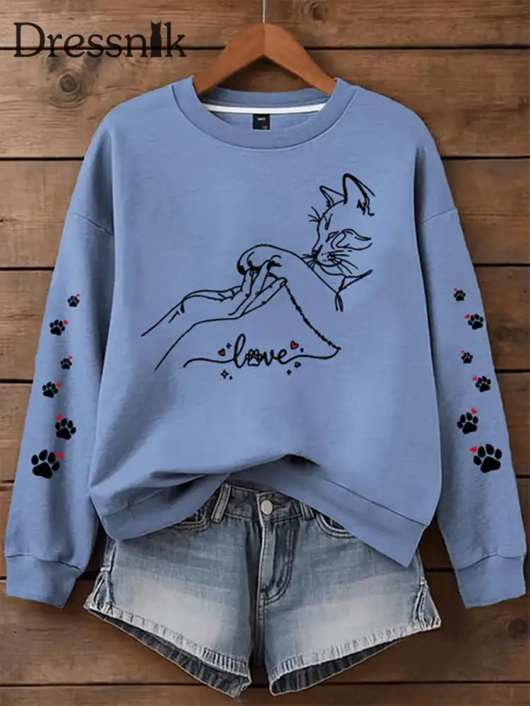 Damen Katze bedrucktes regelmäßiges Sweatshirt Blau / S