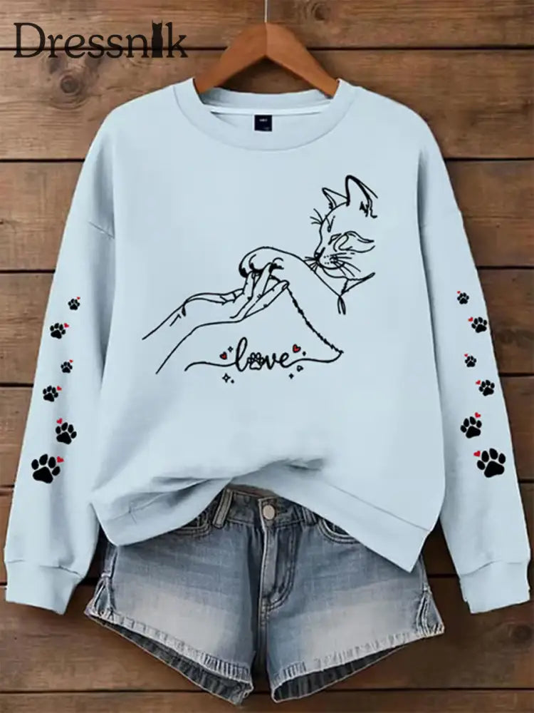 Damen Katze bedrucktes regelmäßiges Sweatshirt Himmelblau / S