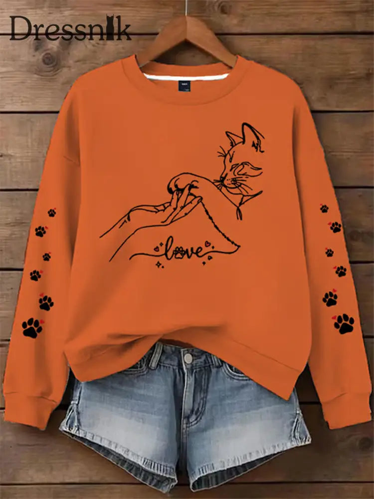 Damen Katze bedrucktes regelmäßiges Sweatshirt Orange / S