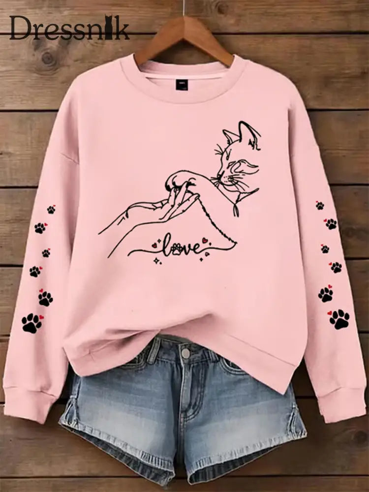 Damen Katze bedrucktes regelmäßiges Sweatshirt Rosa / S