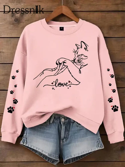 Damen Katze bedrucktes regelmäßiges Sweatshirt Rosa / S