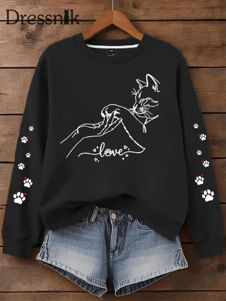 Damen Katze bedrucktes regelmäßiges Sweatshirt Schwarz / S
