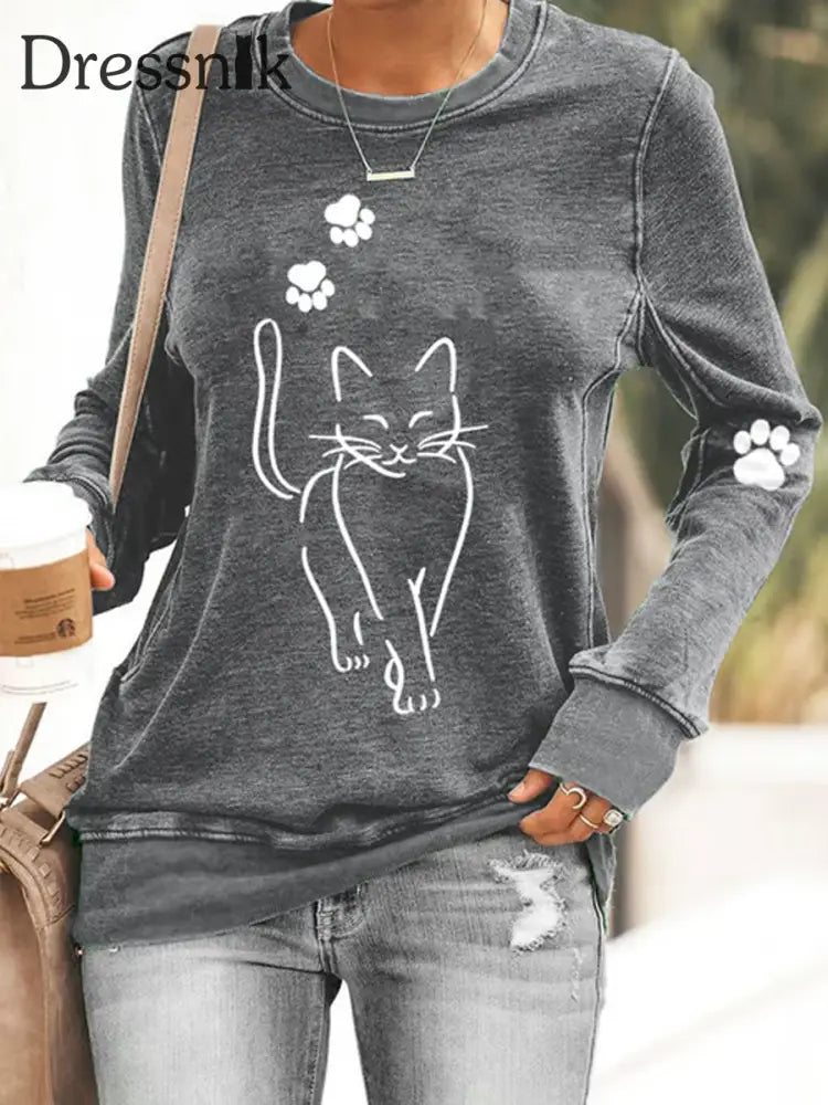 Damen Katze Bedrucktes taillites Sweatshirt Grau / S
