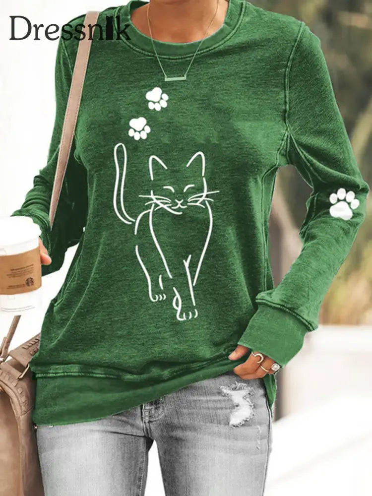 Damen Katze Bedrucktes taillites Sweatshirt Grün / S