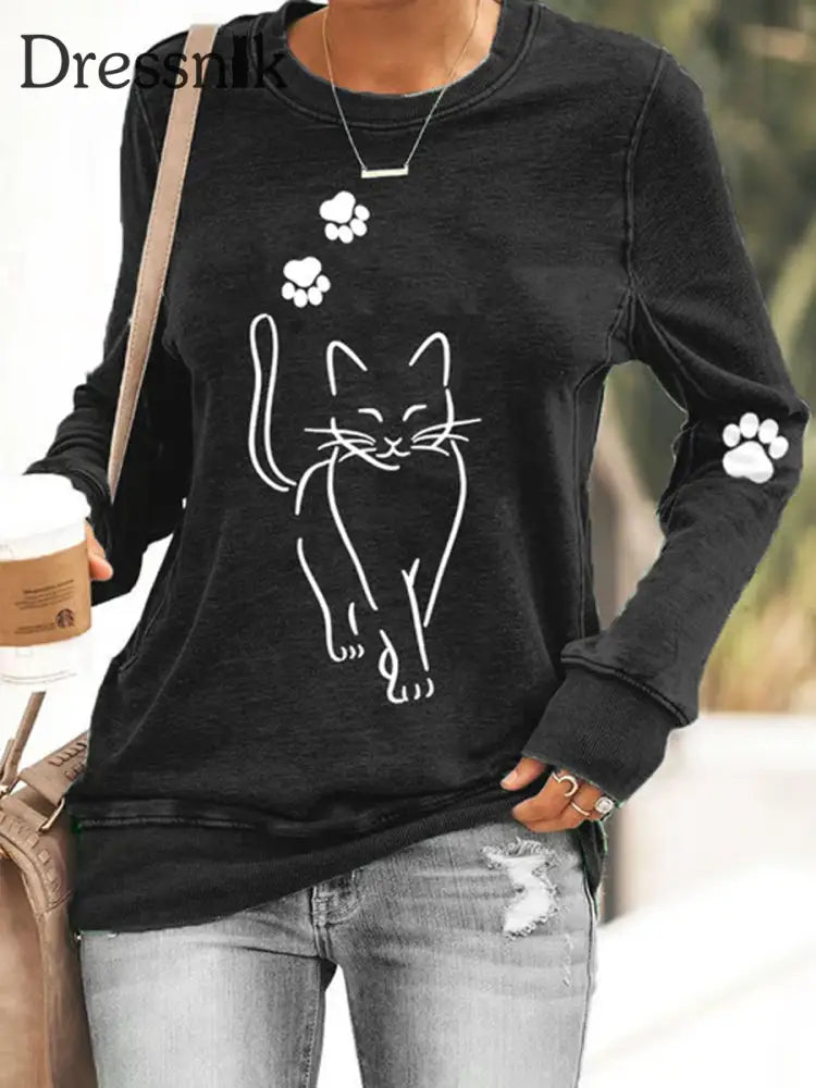 Damen Katze Bedrucktes taillites Sweatshirt Schwarz / S
