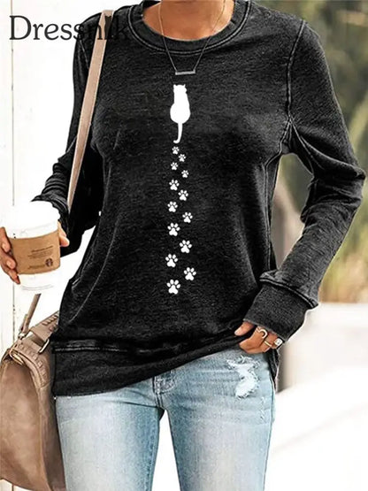 Damen Katze Bedrucktes taillites Sweatshirt Schwarz / S