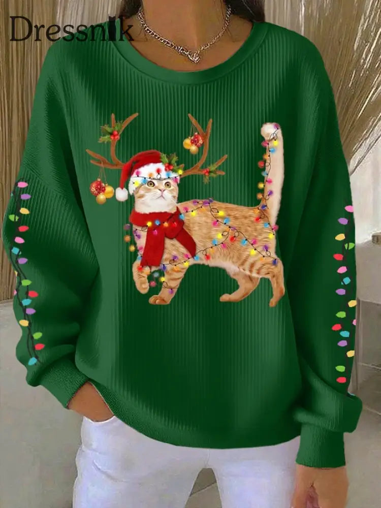 Damen katze mit Weihnachts mütze bedruckte Tops Grün / S
