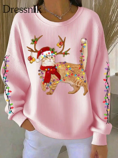 Damen katze mit Weihnachts mütze bedruckte Tops Hellrosa / S