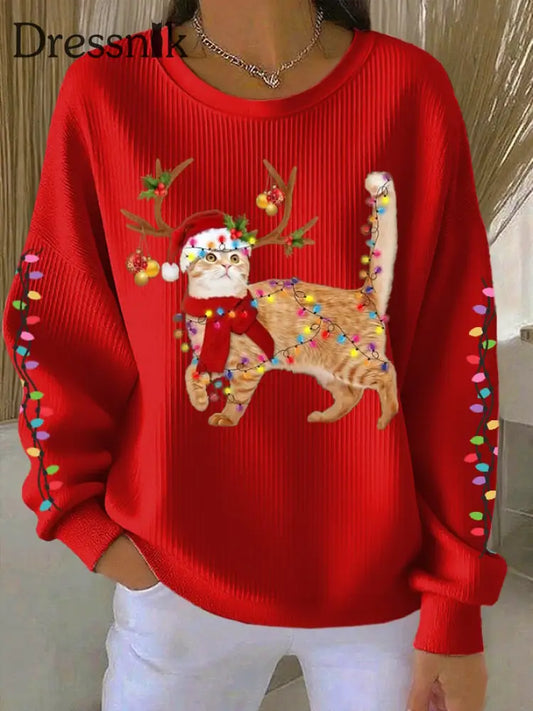 Damen katze mit Weihnachts mütze bedruckte Tops Rot / S