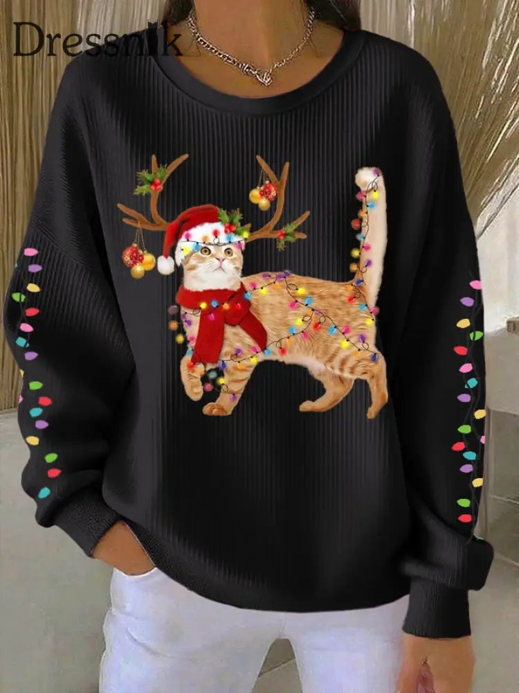 Damen katze mit Weihnachts mütze bedruckte Tops Schwarz / S