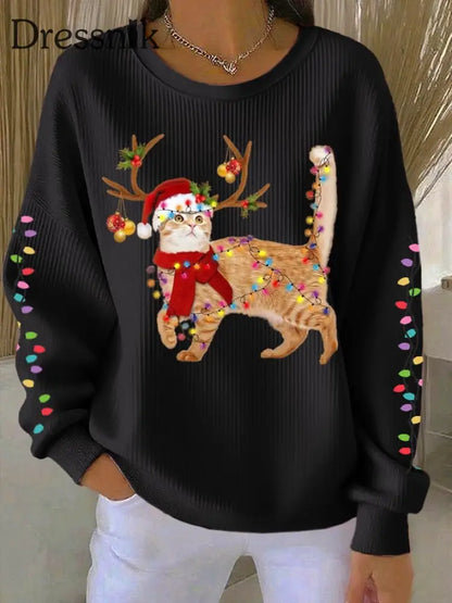 Damen katze mit Weihnachts mütze bedruckte Tops Schwarz / S