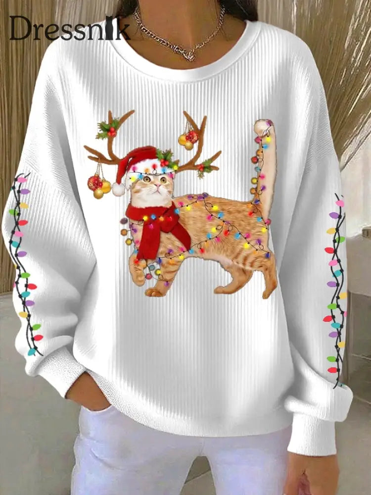 Damen katze mit Weihnachts mütze bedruckte Tops Weiß / S