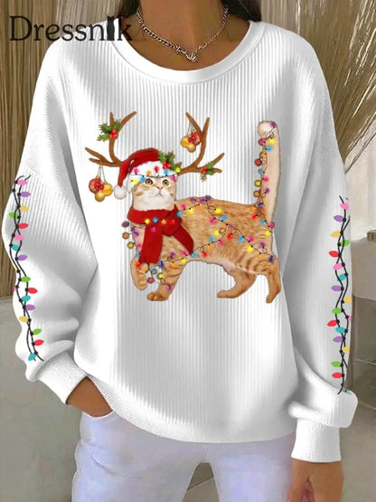 Damen katze mit Weihnachts mütze bedruckte Tops Weiß / S