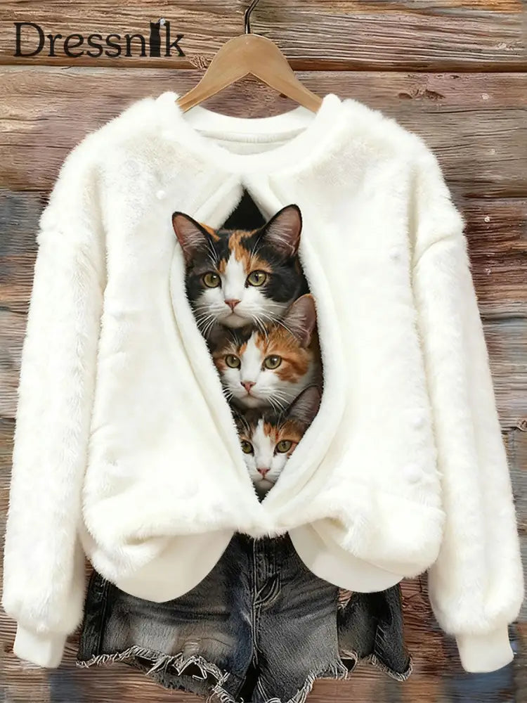 Damen Katzen Flanell Sweatshirts Beige / S