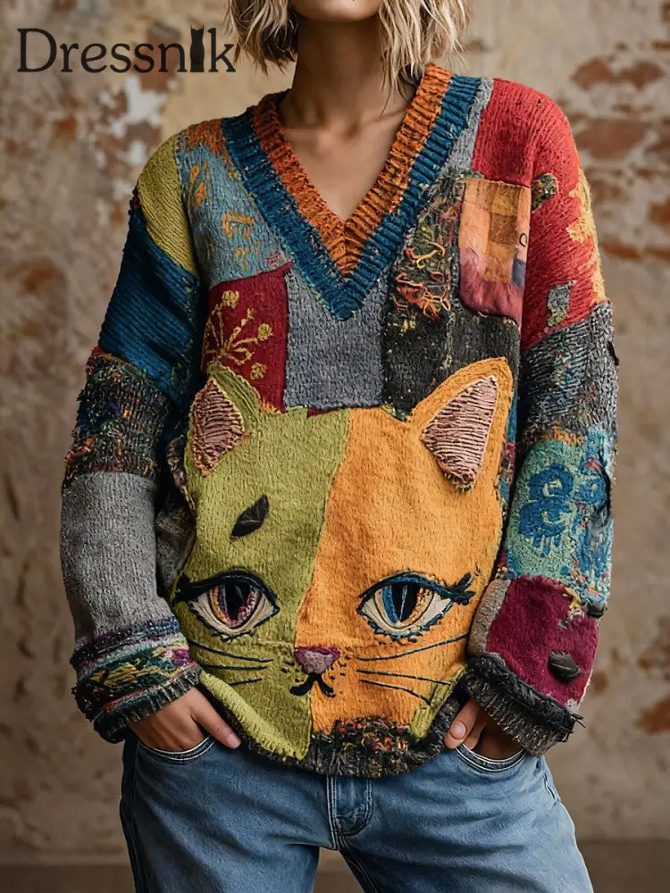 Damen Katzen kunst V-Ausschnitt Oberteile als bild / S