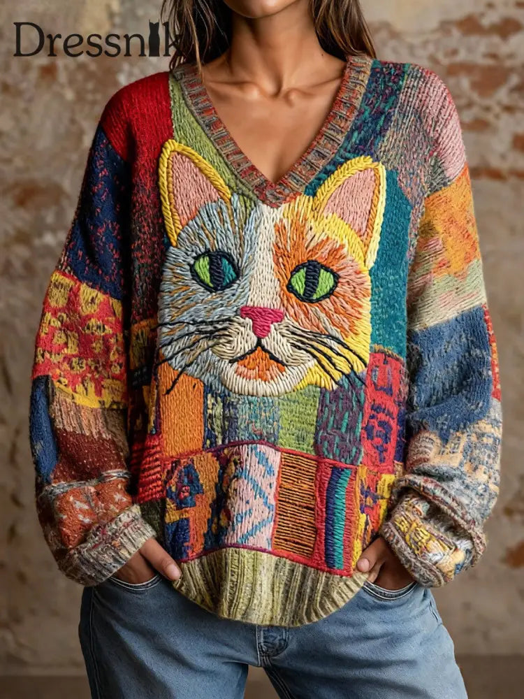 Damen Katzen kunst V-Ausschnitt Oberteile als bild / S