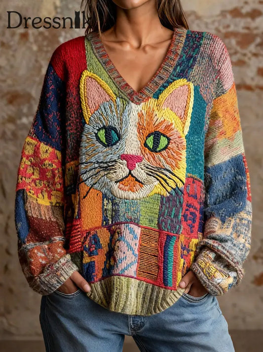 Damen Katzen kunst V-Ausschnitt Oberteile als bild / S