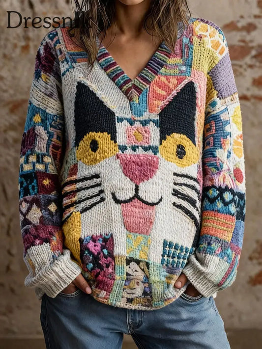 Damen Katzen kunst V-Ausschnitt Oberteile als bild / S