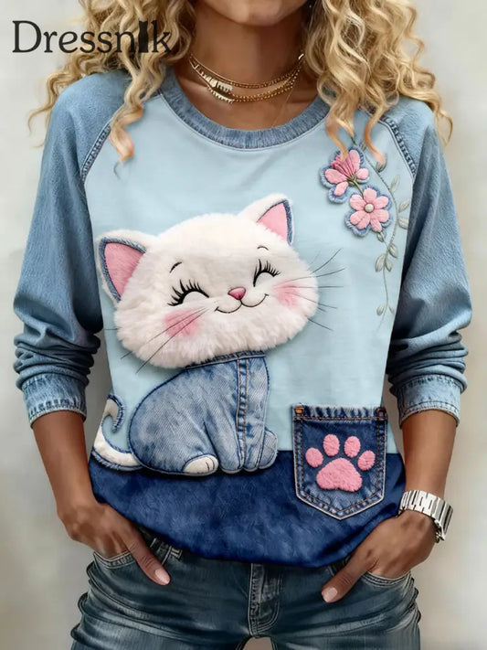 Damen-Katzen-Print-Sweatshirts blau / S