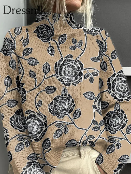 Damen Khaki Blumen druck Pullover mit hohem Ausschnitt Khaki / S