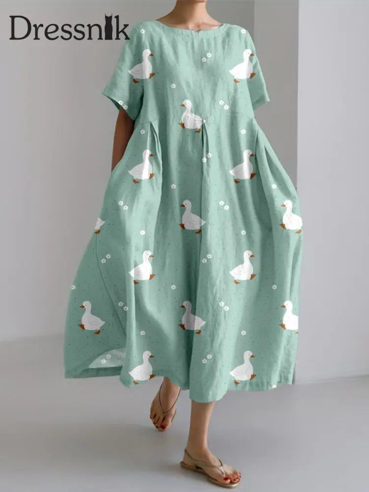 Damen-Kleid mit weißem Ente druck aus Leinen mit kurzen Ärmeln als bild / S