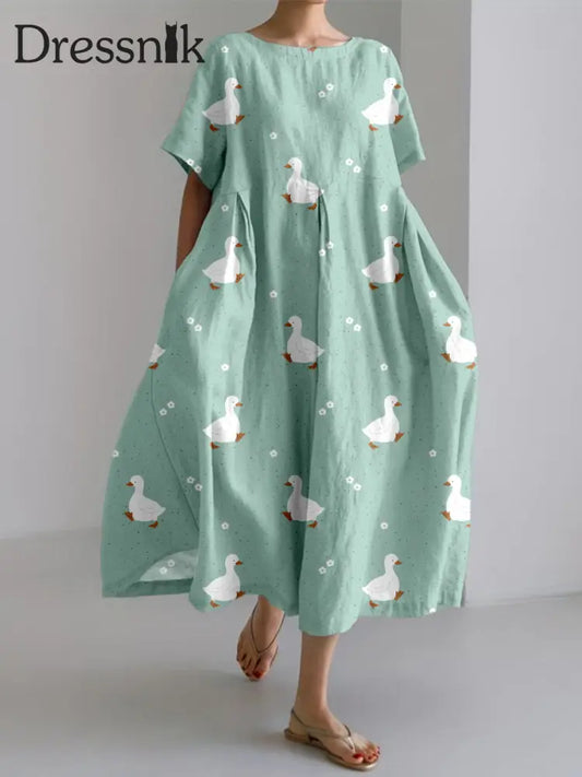 Damen-Kleid mit weißem Ente druck aus Leinen mit kurzen Ärmeln als bild / S