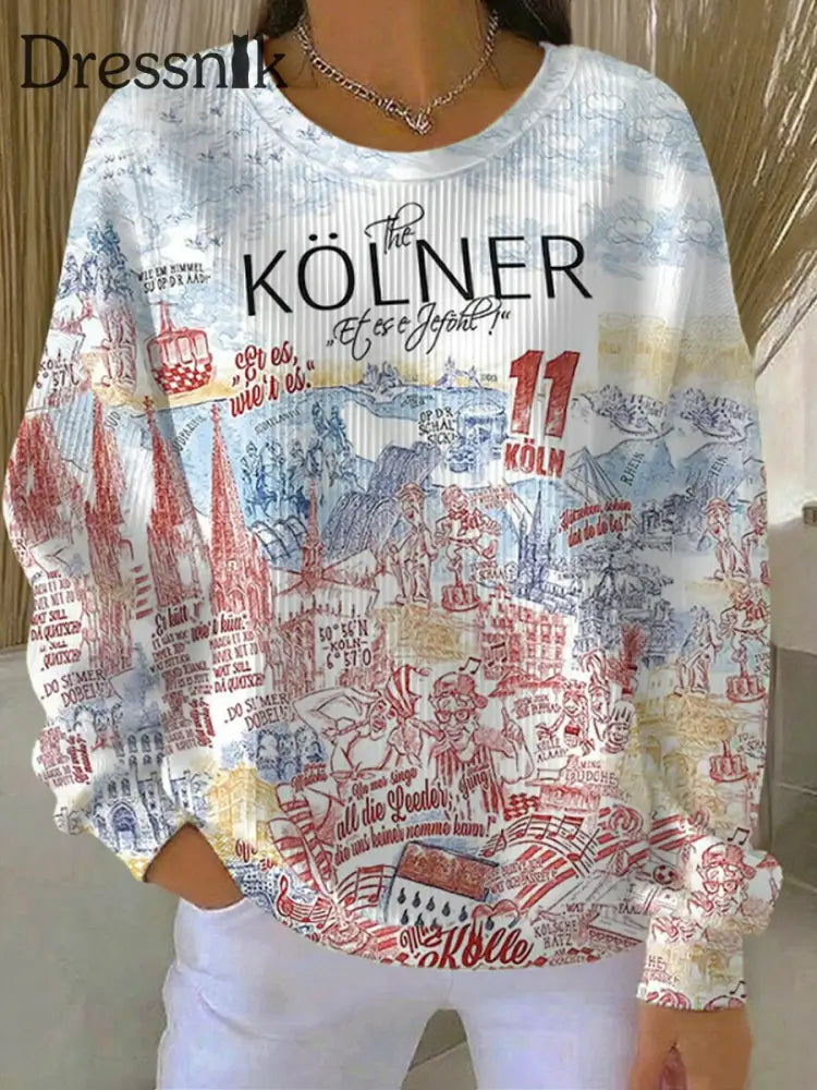 Damen Kölner Karneval Geripptes Rundhals-Sweatshirt Weiß / S