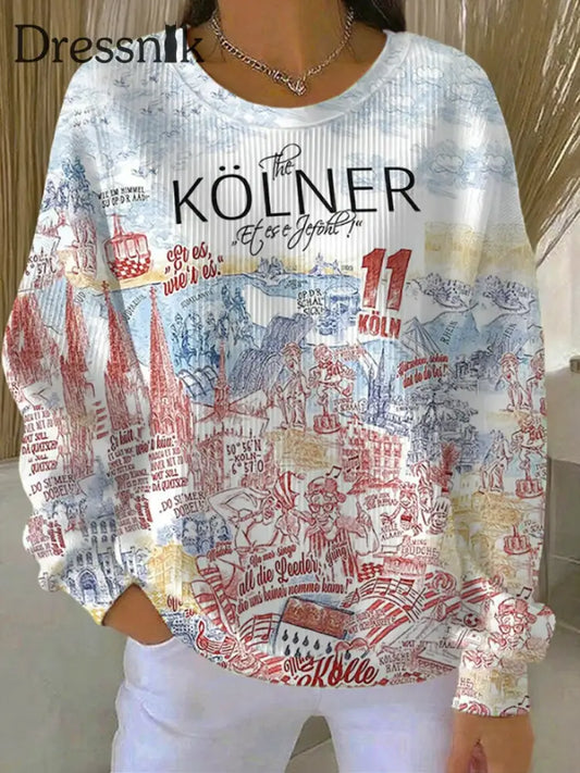 Damen Kölner Karneval Geripptes Rundhals-Sweatshirt Weiß / S