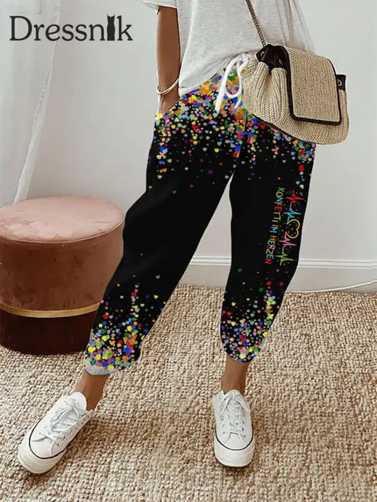 Damen Kölner Karneval Konfetti im Herzen Print Freizeit hosen Schwarz / S