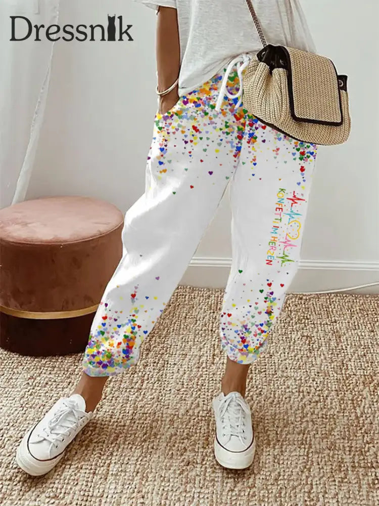 Damen Kölner Karneval Konfetti im Herzen Print Freizeit hosen Weiß / S
