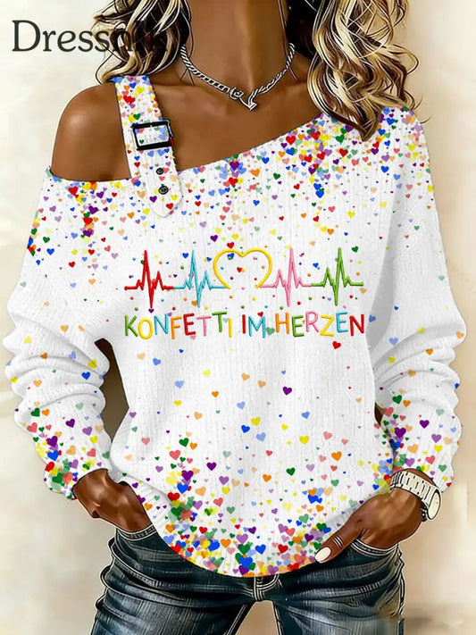 Damen-Kölner Karneval Konfetti im Herzen Print lässiges schulter freies Top Weiß / S