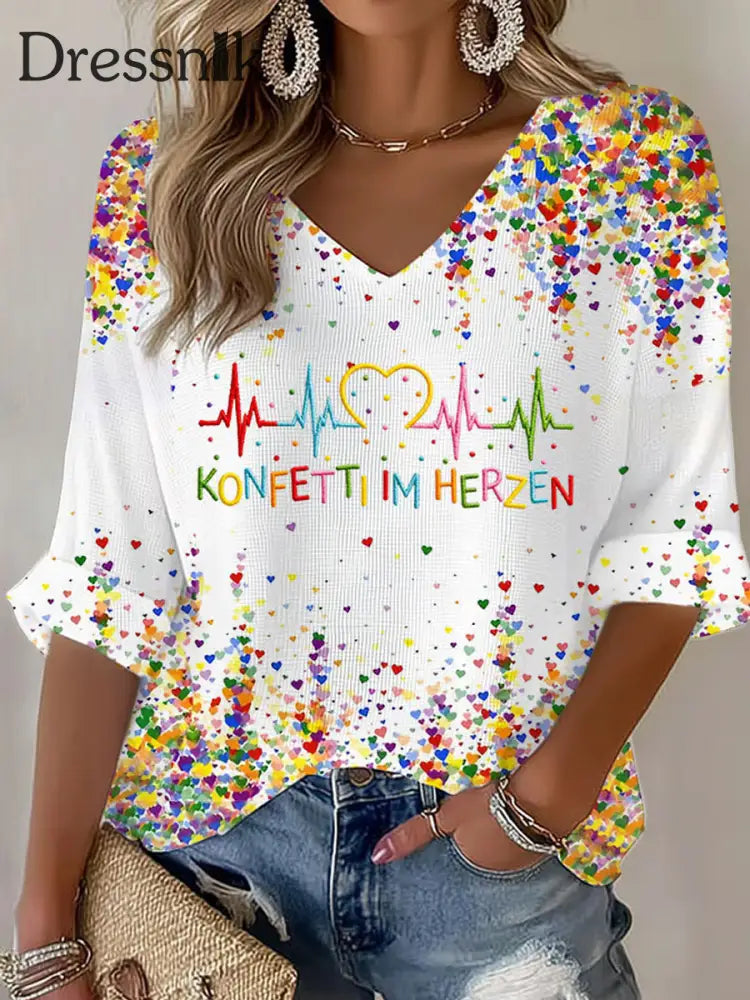 Damen Kölner Karneval Konfetti im Herzen Print lässiges V-Ausschnitt Langarm-Top Weiß / S