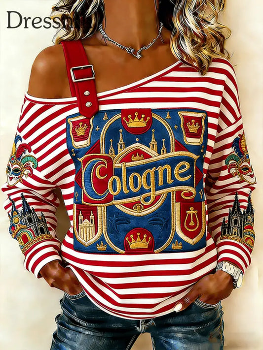 Damen Kölner Karneval Print lässig schulter freies Sweatshirt Rot / S