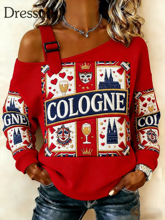 Damen Kölner Karneval Print lässig schulter freies Sweatshirt Rot / S