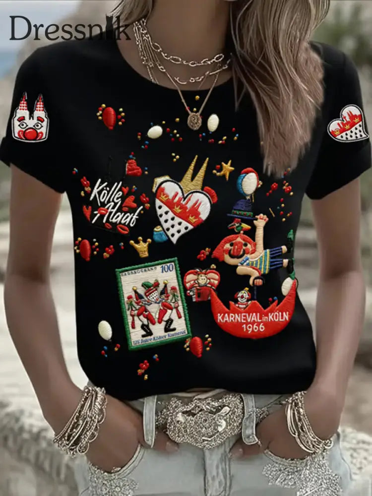 Damen Kölner Karneval Rundhals-T-Shirt mit kurzen Ärmeln Schwarz / S