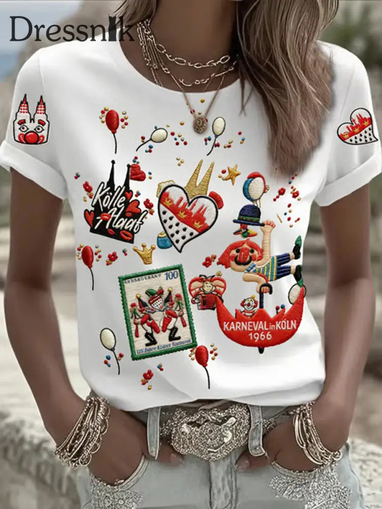 Damen Kölner Karneval Rundhals-T-Shirt mit kurzen Ärmeln Weiß / S