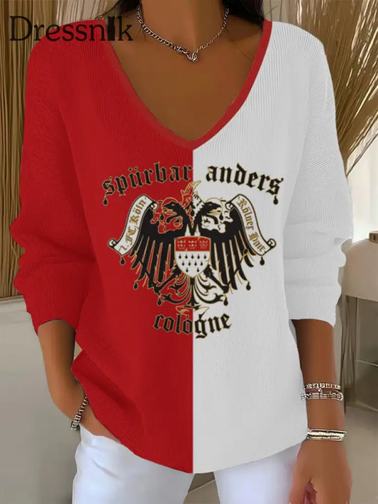 Damen Kölner Karneval V-Ausschnitt gerippt Top Rot / S