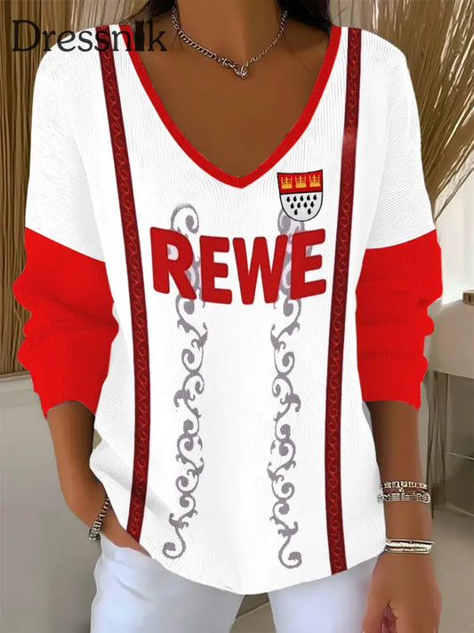 Damen Kölner Karneval V-Ausschnitt gerippt Top Rot / S