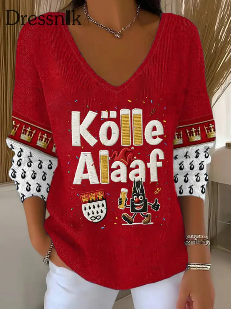 Damen Kölner Karneval V-Ausschnitt gerippt Top Rot / S
