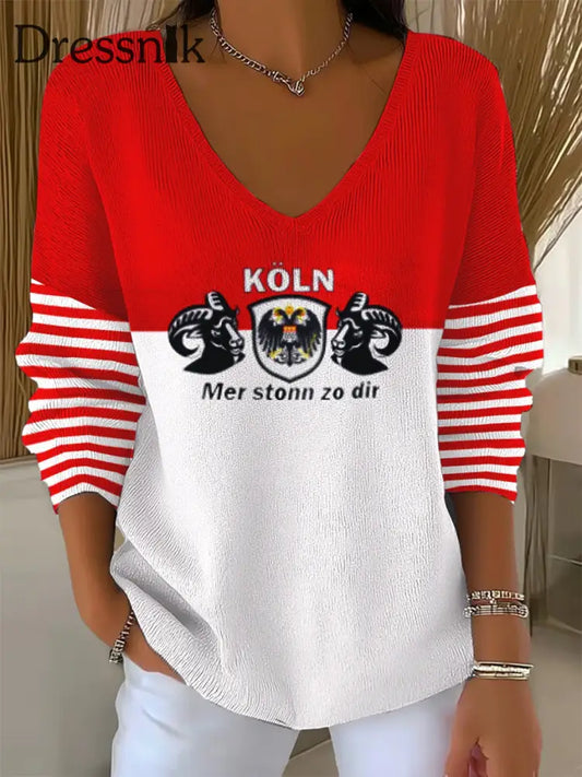 Damen Kölner Karneval V-Ausschnitt gerippt Top Rot / S