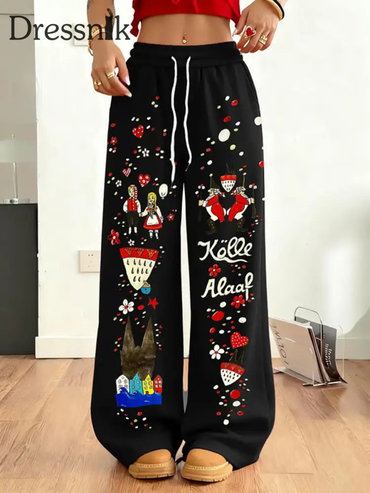 Damen Kölner Karnevals Bedruckte bequeme Hose Schwarz / S