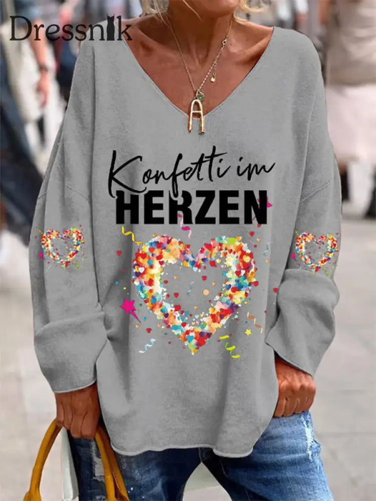 Damen Kölner Karnevals Bedrucktes Langarm-Hemd mit V-Ausschnitt Hellgrau / S