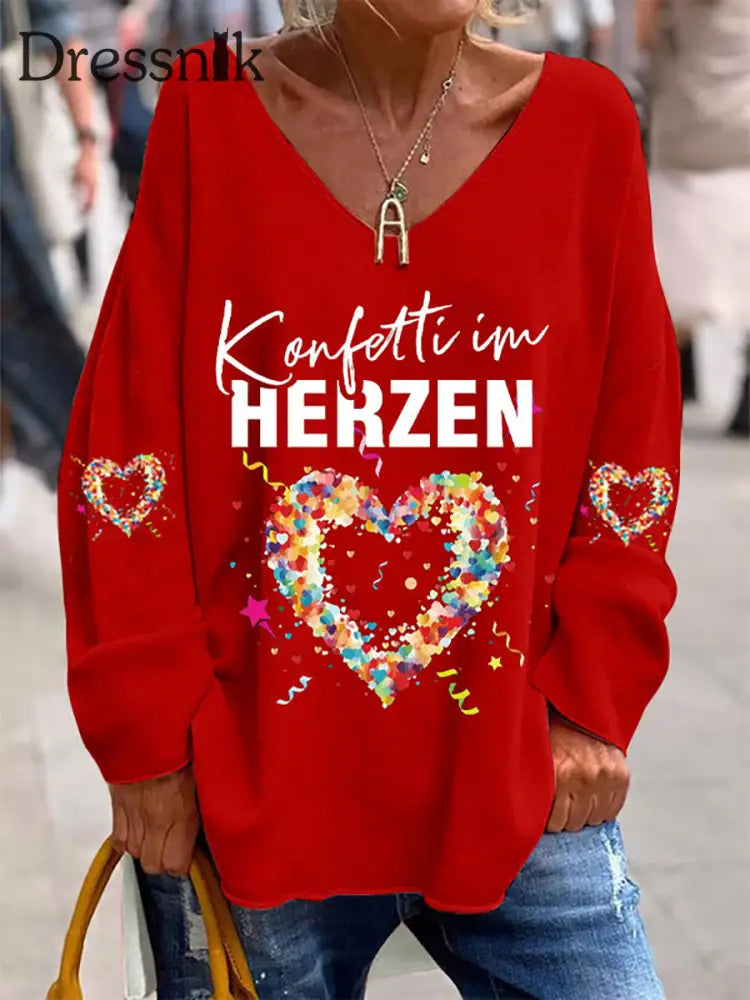 Damen Kölner Karnevals Bedrucktes Langarm-Hemd mit V-Ausschnitt Rot / S