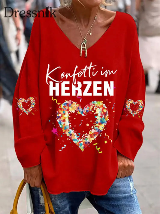 Damen Kölner Karnevals Bedrucktes Langarm-Hemd mit V-Ausschnitt Rot / S