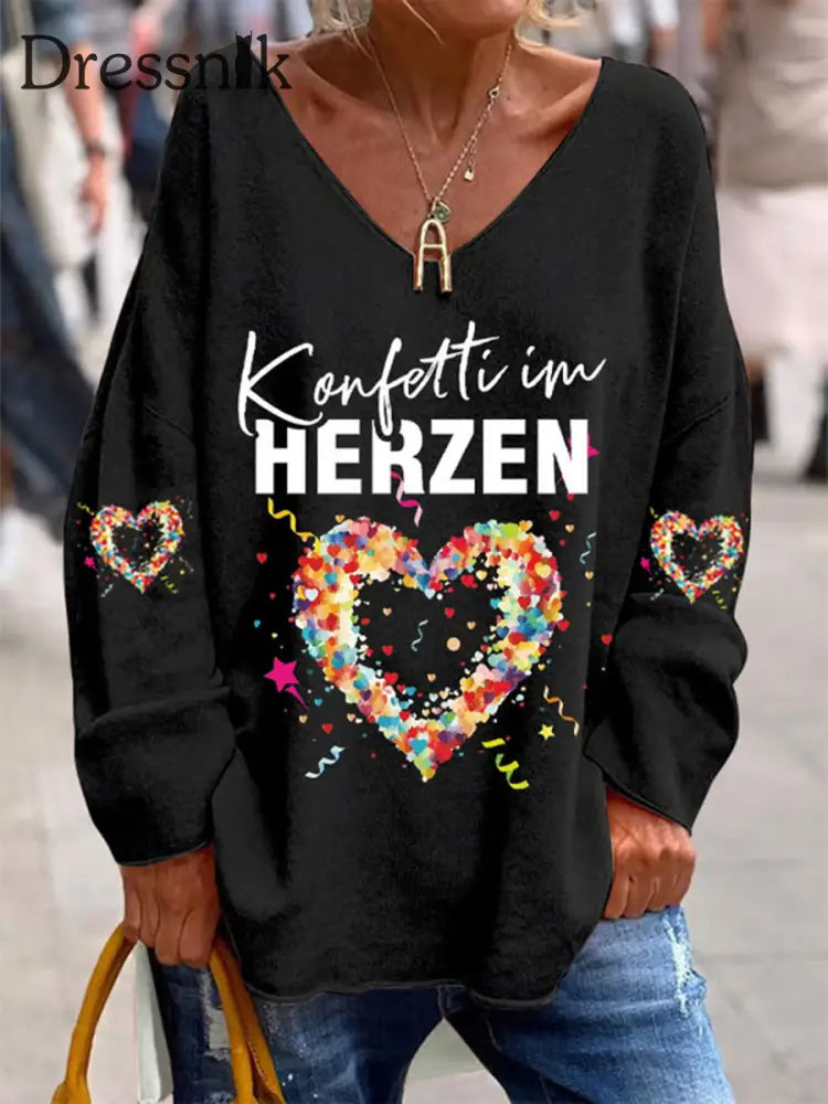 Damen Kölner Karnevals Bedrucktes Langarm-Hemd mit V-Ausschnitt Schwarz / S