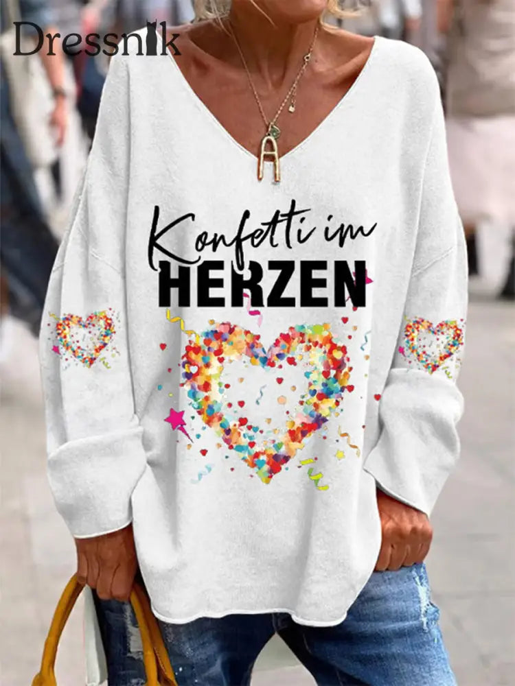 Damen Kölner Karnevals Bedrucktes Langarm-Hemd mit V-Ausschnitt Weiß / S