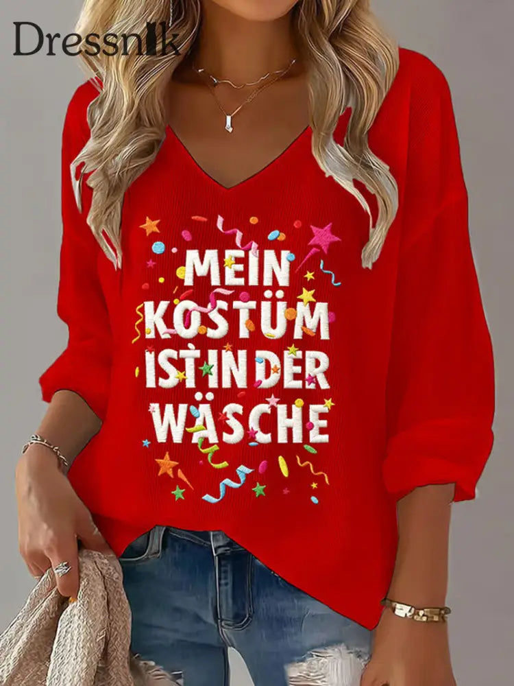 Damen Kölner Karnevals druck Lässiges V-Ausschnitt Langarm-Top Rot / S