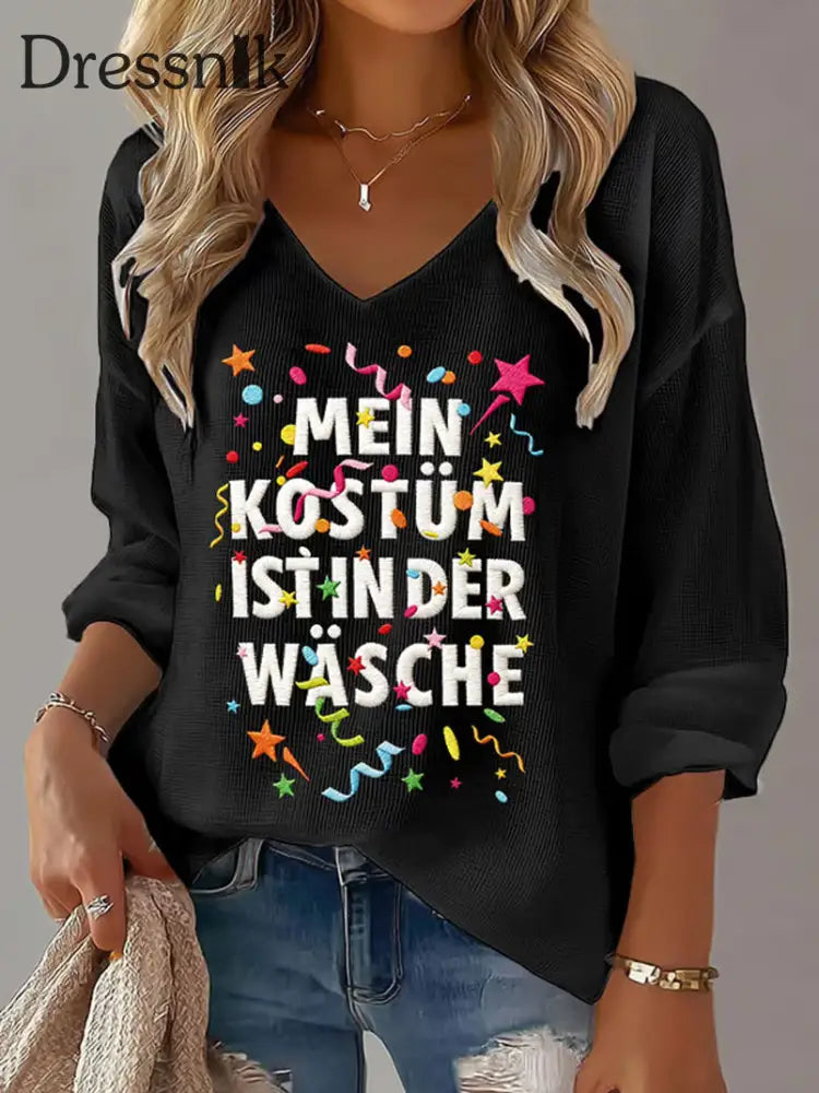 Damen Kölner Karnevals druck Lässiges V-Ausschnitt Langarm-Top Schwarz / S
