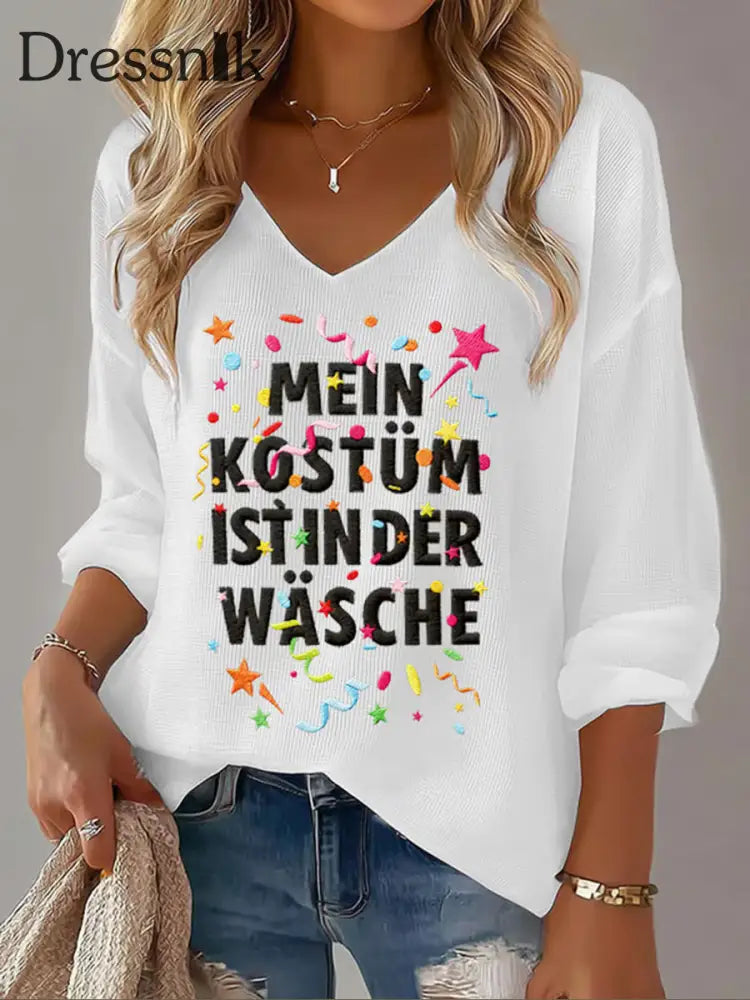 Damen Kölner Karnevals druck Lässiges V-Ausschnitt Langarm-Top Weiß / S